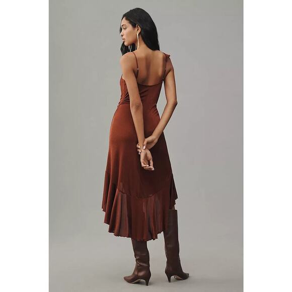 NWT By Anthropologie One-Shoulder Ruffled High-Low Midi Dress Sz XS Wine #8F504 - Picture 3 of 10